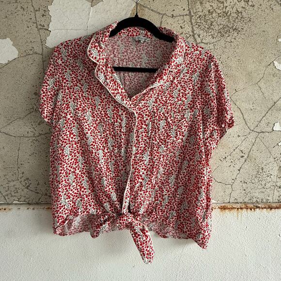Red Floral Tie Front Button Down Shirt Short Sleeve Viscose Top L - Picture 1 of 6
